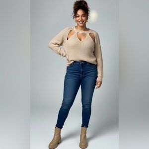 Cutout Ribbed Knit Sweater Beige Cold Shoulder Pullover Neutral